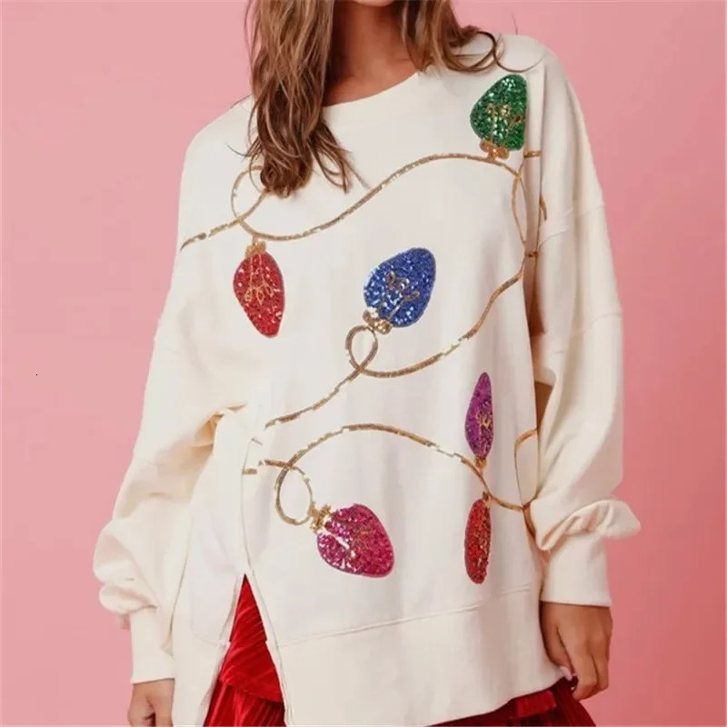 Imcute Women Sequin Christmas Light Sweater Oversized Long Sleeve Sweatshirt Side Slit Sparkly Glitter Shirts Jumper Tops 241011