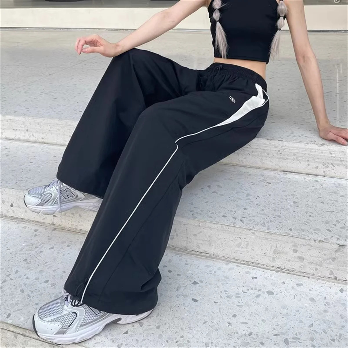 Women Casual Wide Leg Cargo Pants Drawstring Solid Streetwear Elastic Waist Sweatpants Loose Y2K Joggers Hip Hop Baggy Trousers 241007