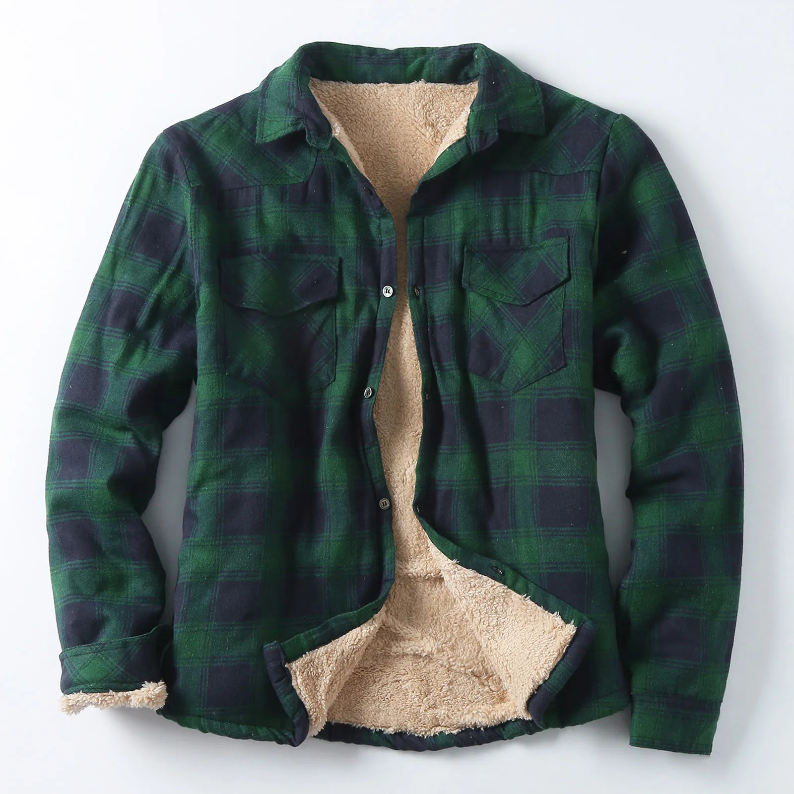 Mens wool plain flannel shirt jacket button casual cotton winter jacket thick spring work jacket Sherpa jacket 241008