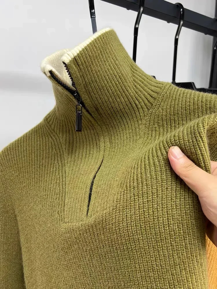 High end fashion mens half zipper sweater for autumn and winter casual fashion thick solid color high neck knitted sweater 241011
