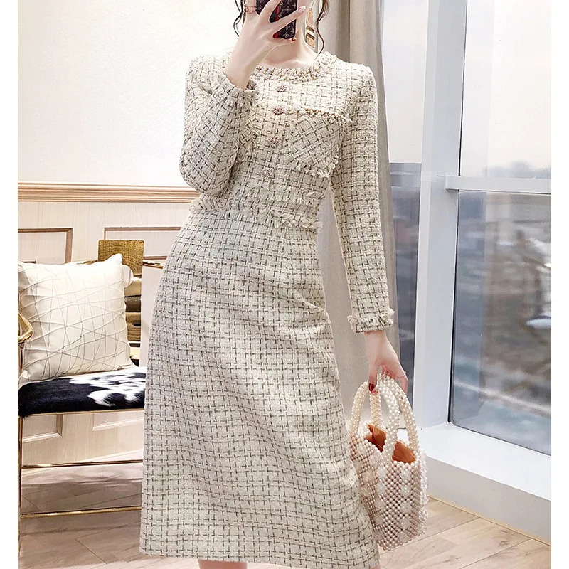 Womens fashionable coarse woolen suit dress autumn O-neck long sleeved single chest plain weave elegant dress evening dress party vest dress 241011