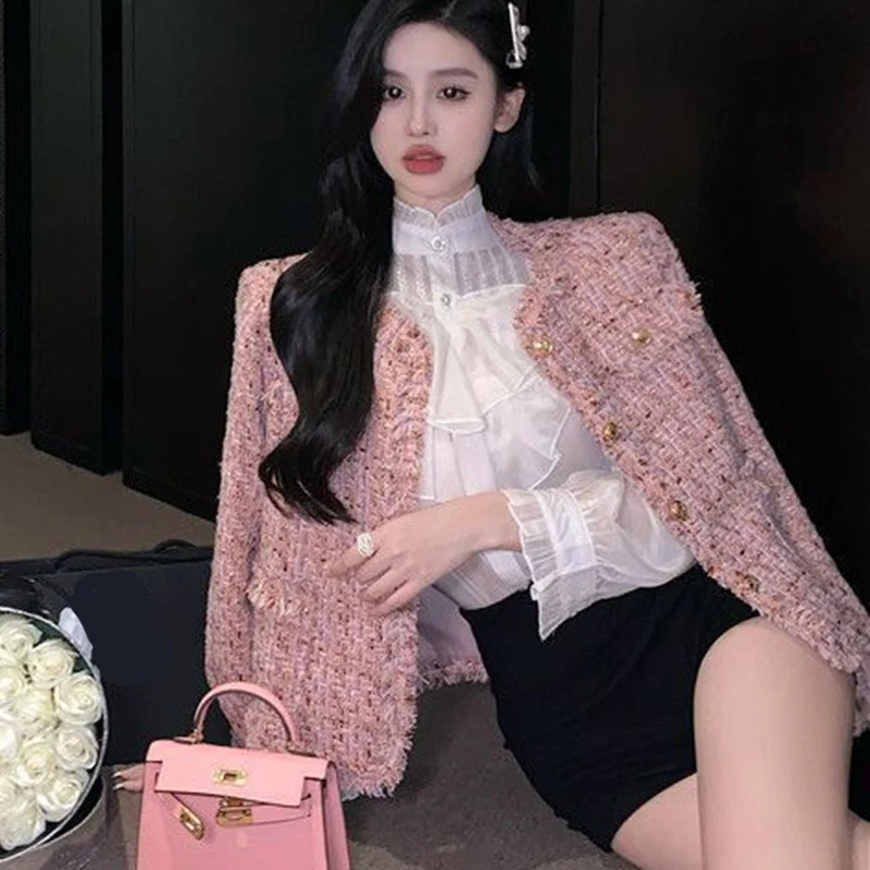 Rimboy elegant pink tweed cut jacket for womens autumn fashion long sleeved jacket for womens round neck social style party jacket 240930