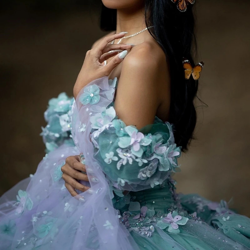 Light Green Shiny Off Shoulder Quinceanera Dresses Party Birthday Dress Floral Applique Princess With Cape Sweet 16 Vestidos Para XV 15Anos