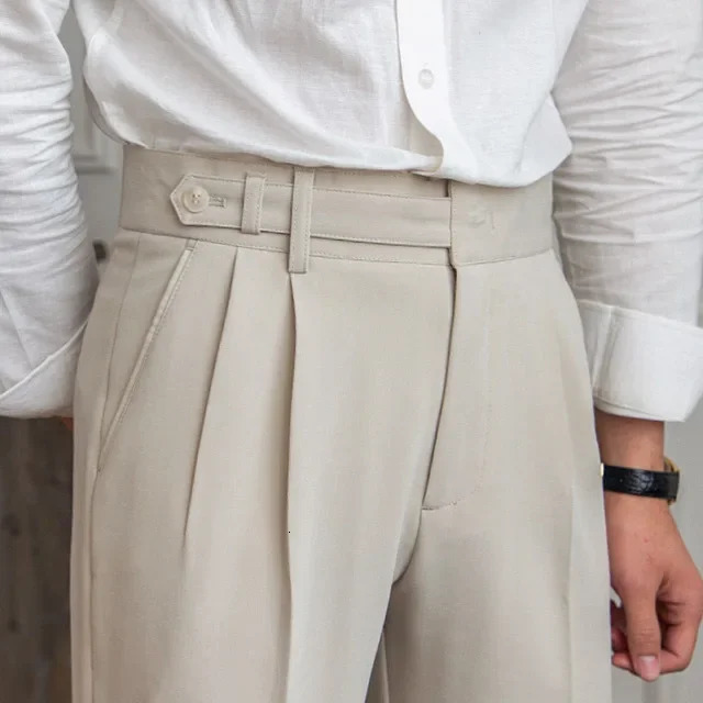 High Waisted Men Straight Casual Suit Pants High Quality Naples Pants British Elegant Trousers Apricot Black Banquet Wedding 241010