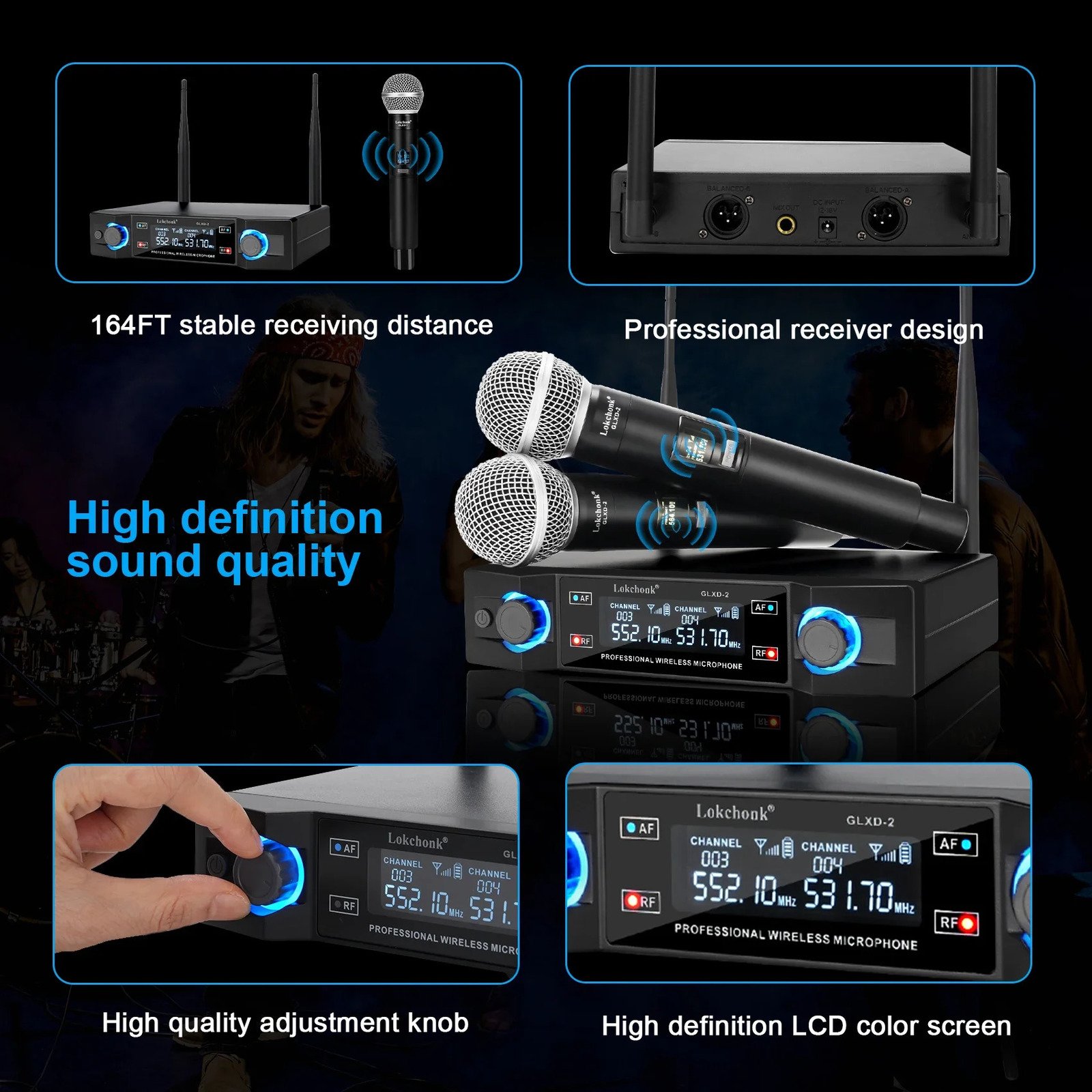 GLXD2 Professional Wireless Microphone System Dual Channel UHF Fixed Frequency Cordless Handheld Dynamic Microphone for Karaoke Parties 241009