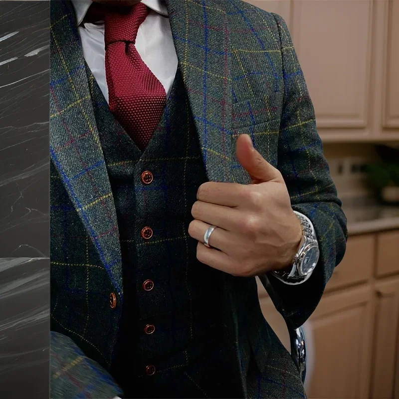 Wool Tweed Men Suits For Wedding Green Slim Fit Groom Tuxedo Male Fashion Costume 3 Pcs Jacket Pants Vest 2024
