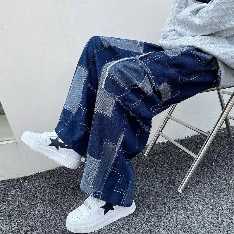 Y2K splicing straight jeans loose cargo large pocket pants Japanese Harajuku streetwear Korean fashion loose wide leg jeans 241007