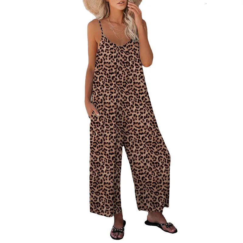 2023 Summer Womens Pants Cross Border Leopard Pattern Pocket Loose Casual Strap Jumpsuit 240930