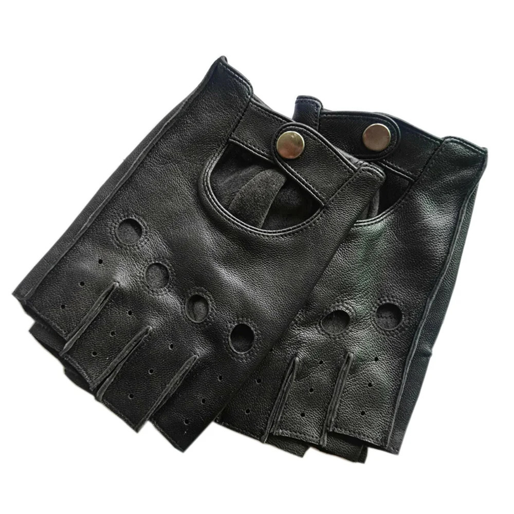 High quality black mens genuine leather gloves with anti slip Luvas half finger sheepskin no for motorcycles 241009