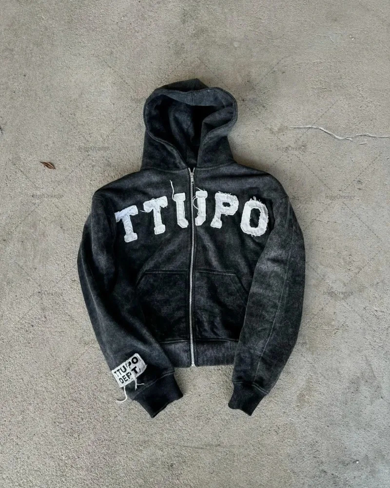 High Street Harajuku Retro Letter Embroidery Oversized Sweatshirt Men Y2k Fashion Hip Hop Rock Zipper Hoodie Women 241011