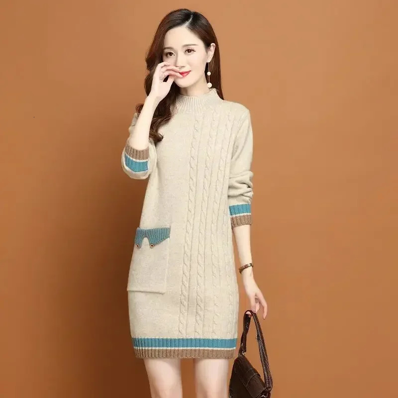 Womens Knitted Dress Tight Crochet Dress Womens Casual Thick X Elegant Long Sleeve Aesthetics Sexy Xxl 241011