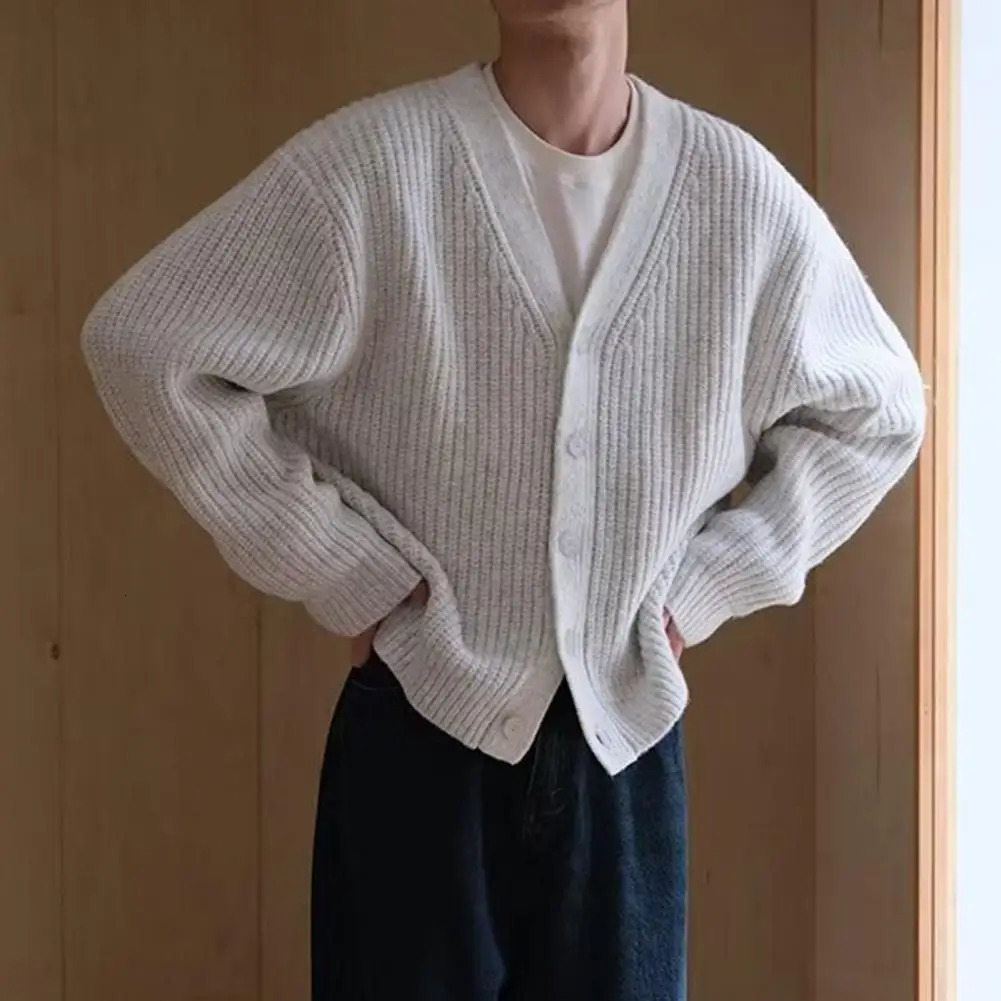 Winter and autumn mens cardigan sweater single chest V-neck button thick knit long sleeved solid color elastic warm soft casual 241011