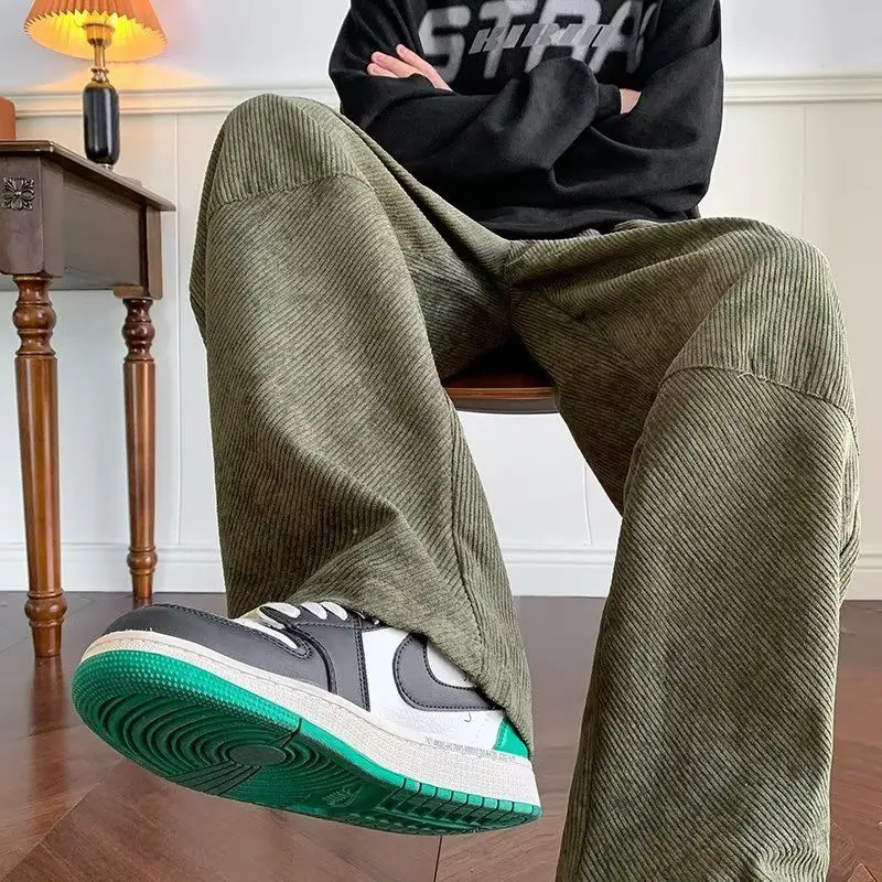 Corduroy Mens Casual Pants Drawstring Solid Straight Trousers High Street Loose Fashion Korean Style Wide Leg Sweatpants 240930