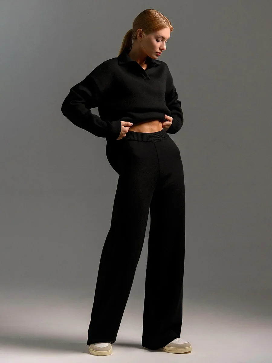 Bornladies Winter Thick Women Knitted Suits Cashmere Soft 2 Pieces Sets Female Polo Neck Sweater Wide Leg Pants Outfit 241011