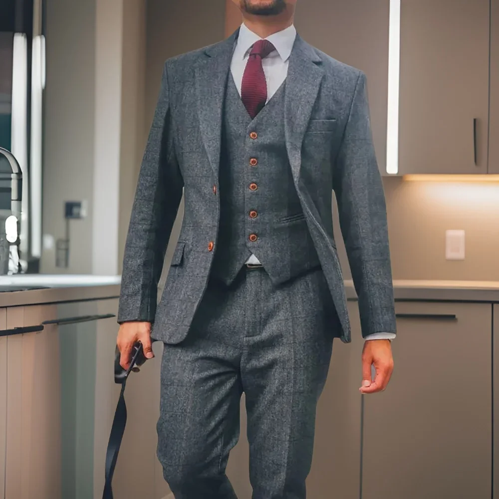 Wool Herringbone Wedding Suits For Men Gentleman 3 Pcs Tweed Groom Wedding Tuxedo 2024 Business Suit Jacket With Vest Pants