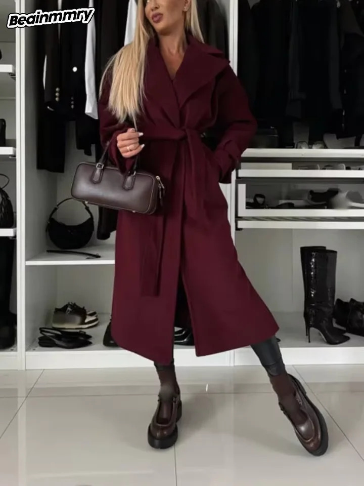 Elegant Burgundy Flip Tie Long Coat Womens Fashion Full Sleeve Side Split Solid Coat Autumn/Winter Womens Business Coat 241011