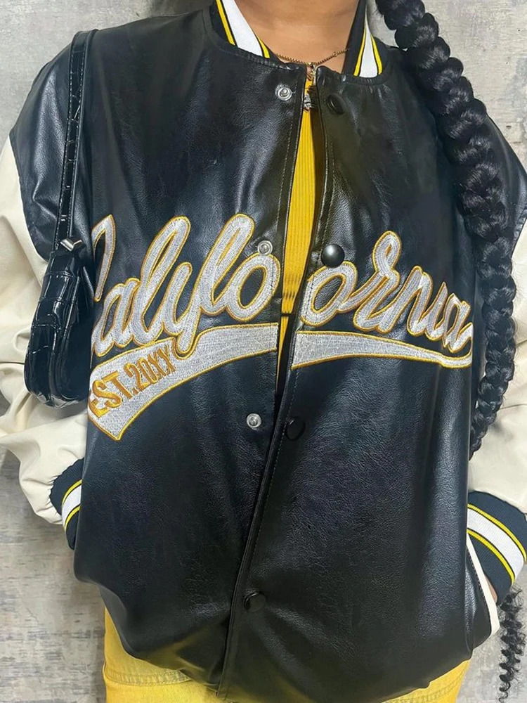 Sifreyr PU Leather Bomber Jacket Women Y2K Letter Long Sleeve Uniform Varsity Baseball Jackets Streetwear Oversized College Coat 241011