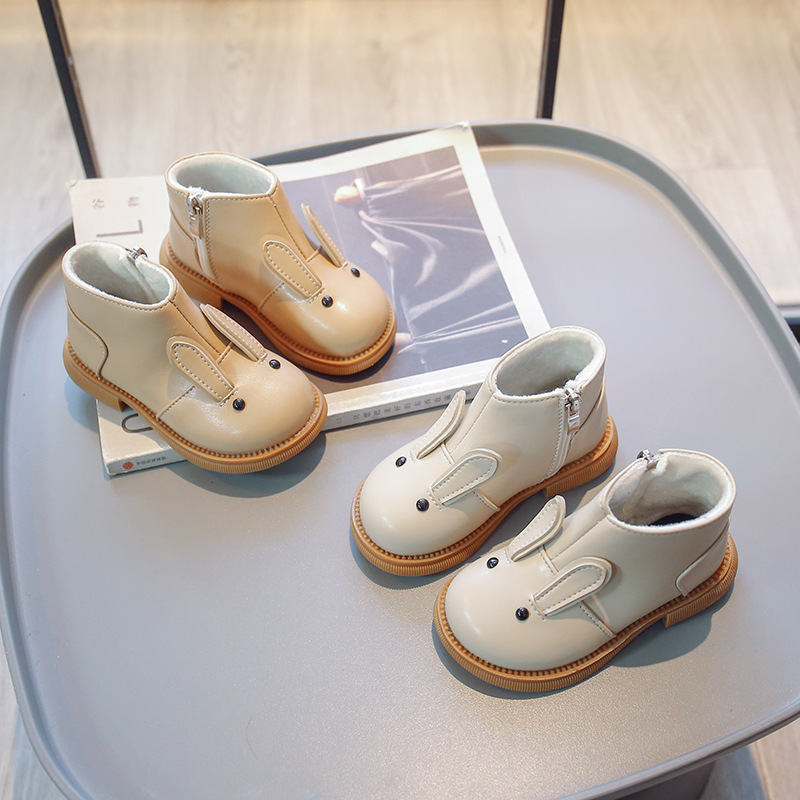 Cartoon Rabbit Baby Ankle Boots for Girls England Style Children Cute Bunny Winter Short Boots Low Heel Kids Girl Leather Shoes Sizes 21-30