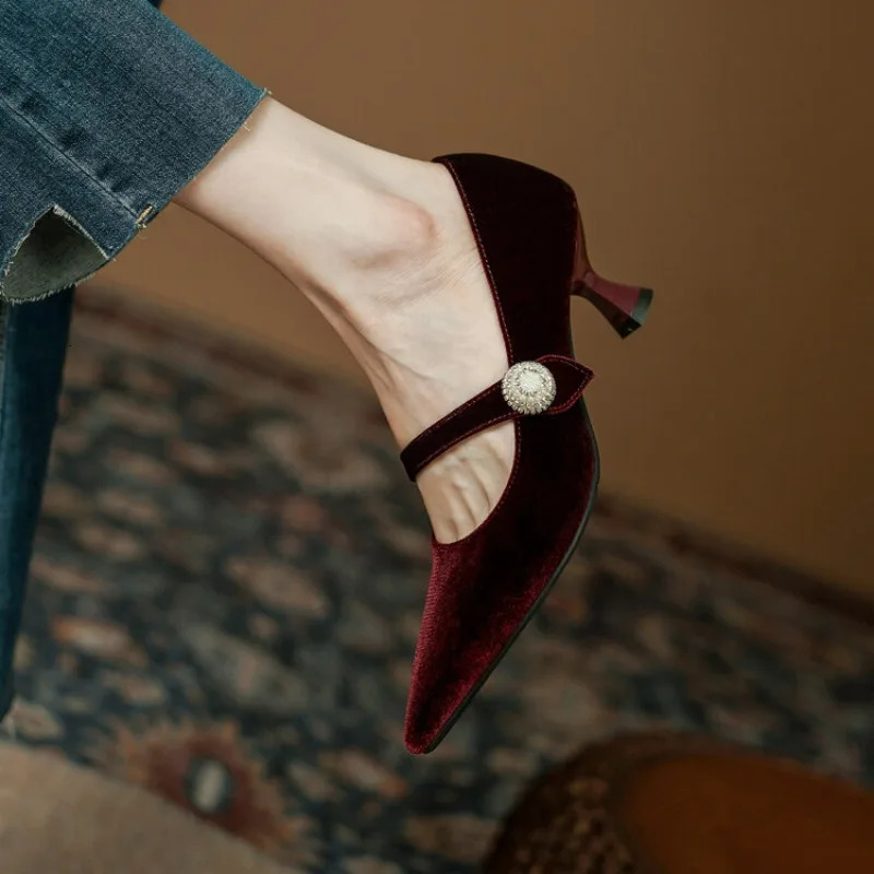 LeShion Of Chanmeb Women Wine Red Velour Shoes Spike Heels Pointy Toe Mary Janes Pumps Pearls Button Black Velvet Shoes Woman 40 241010