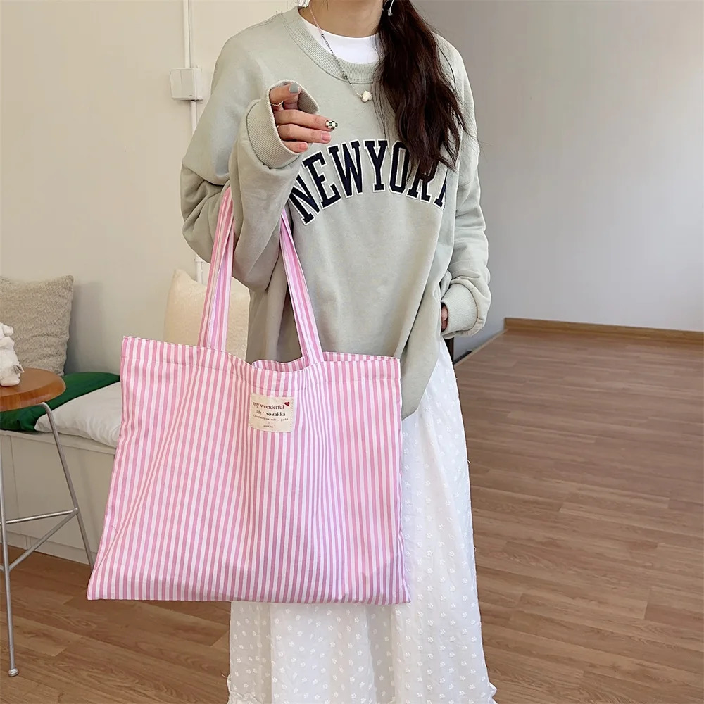 Korean student fashion handbag simple solid color striped series messenger bag portable book lipstick storage bag 241008
