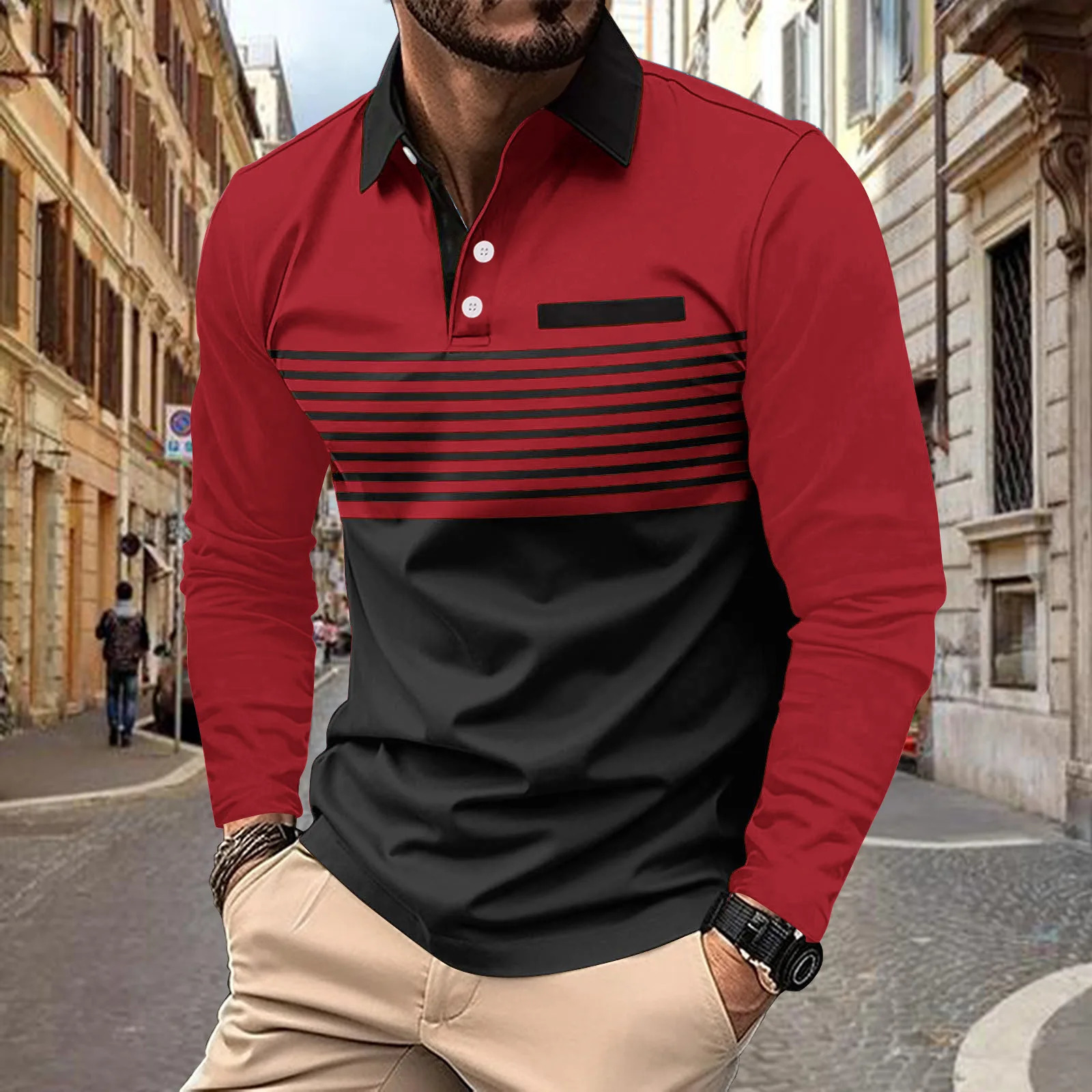 Trend Mens POLO Shirt Casual Fashion City Color Matching Lapel Button Stripe Dummy Pocket Long Sleeve Tops 241010