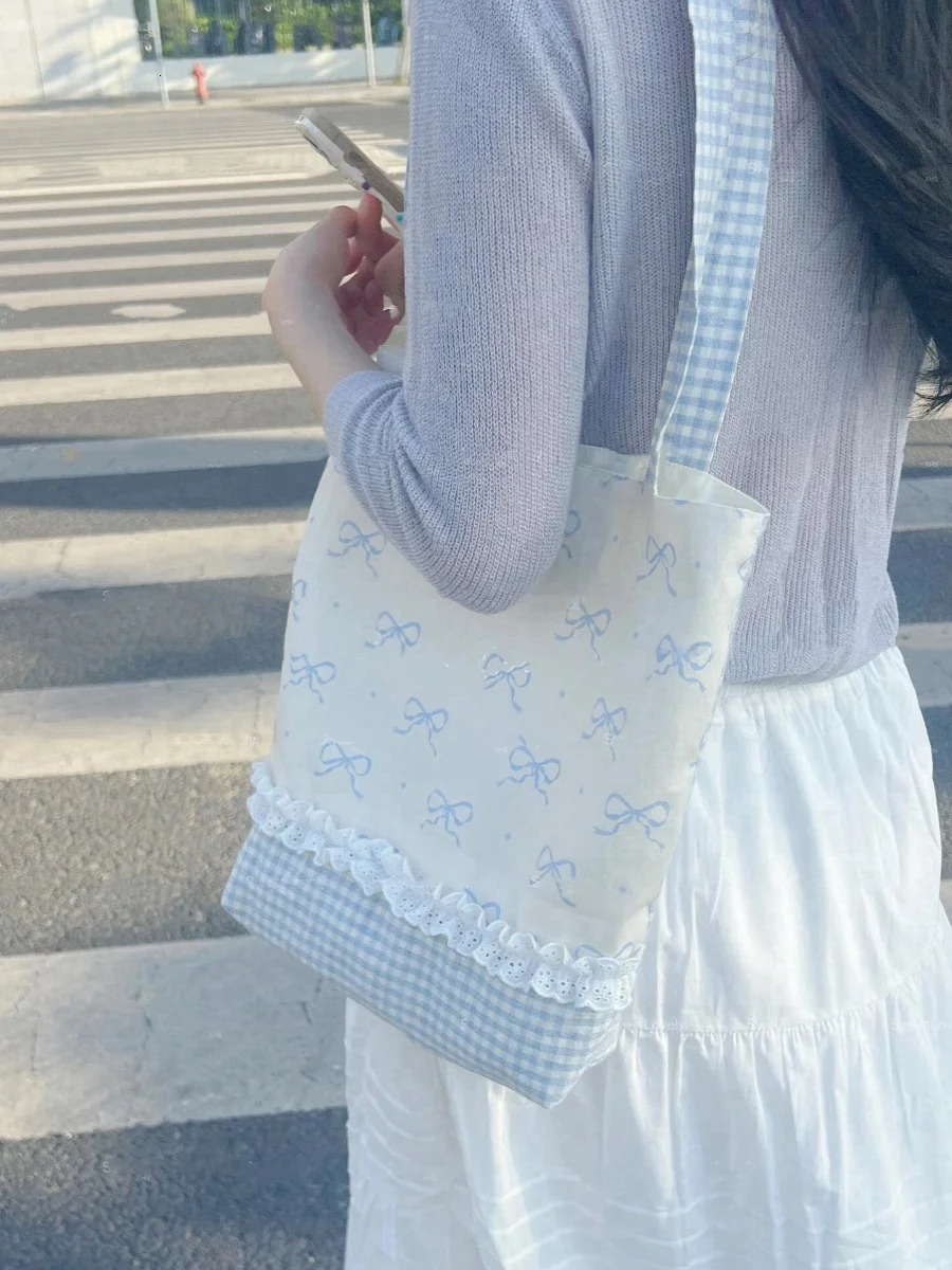 Miyagawa Korean Bow Canvas Bag Summer Fresh Handbag Large Capacity Casual Shoulder Bag 241008