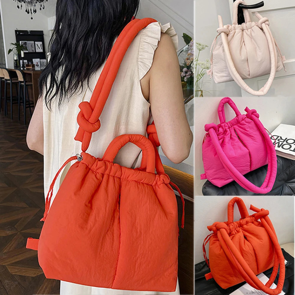 Casual nylon padded tote bag soft puffer women shoulder crossbody bags Simple Vintage large capacity handbags 2024 241011