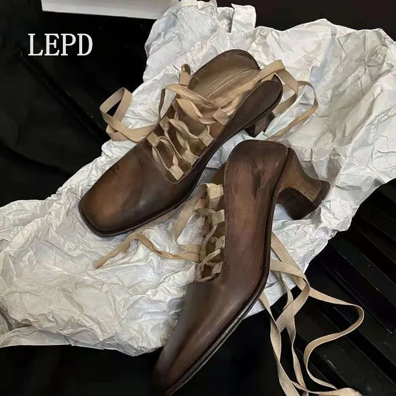 LEDP Retro Lace-up Mary Jane Women 2024 Summer Chunky Heel Square Head Made Old Back Empty Ballet New Shoes High Quality 240927