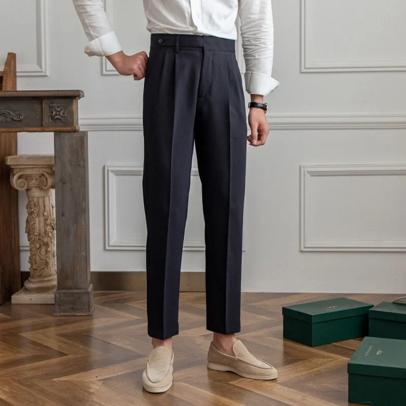High Waisted Men Straight Casual Suit Pants High Quality Naples Pants British Elegant Trousers Apricot Black Banquet Wedding 241010