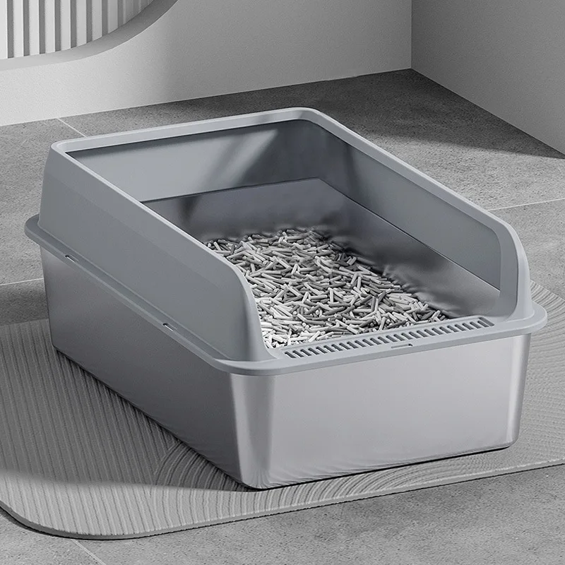 Large-Capacity Stainless Steel Cat Litter Box Semi-Enclosed Cat Toilet Heightened Fence Splash-Proof Cat Litter Box Pet Supplies