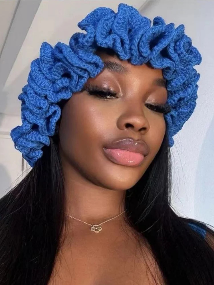 Soefdio colorful handmade knitted crocheted ruffled brown bucket hat womens fashionable fisherman outdoor windproof 241009