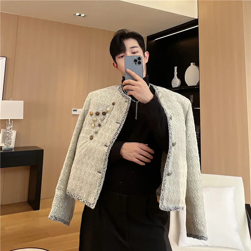 NOYMEI Trendy Korean Style Button Decorative Small Fragrance Jacket AutumnWinter 2024 Collarless Chic Coat Men WA3126 241011