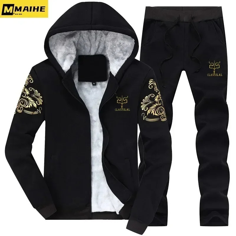 9XL Plus Thick Pant Sets Mens Casual Tracksuit Winter Wool-lined Warm Hoodie Sweatpants 2-piece Track Suit Mens Clothing 241011