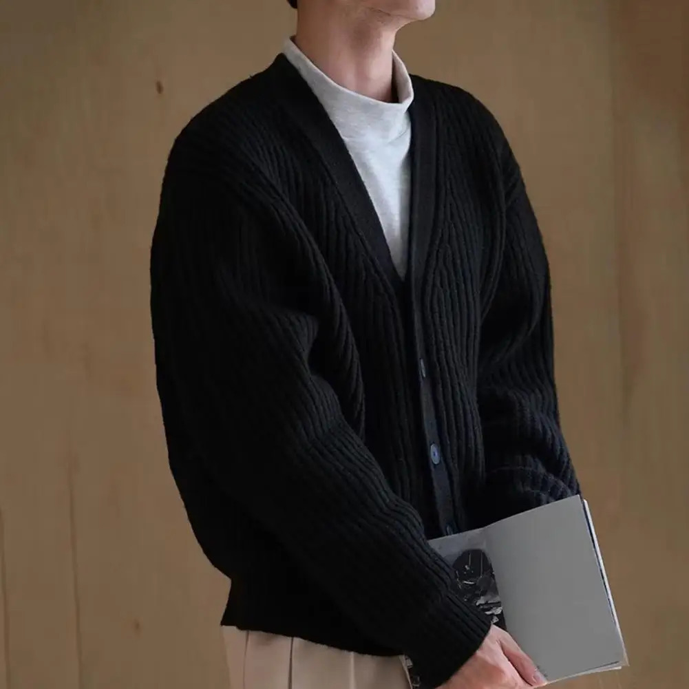 Winter and autumn mens cardigan sweater single chest V-neck button thick knit long sleeved solid color elastic warm soft casual 241011