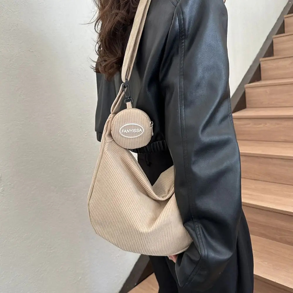 Large capacity Corduroy shoulder bag cotton canvas handbag with coin wallet Korean style handbag solid color shoulder bag 241008