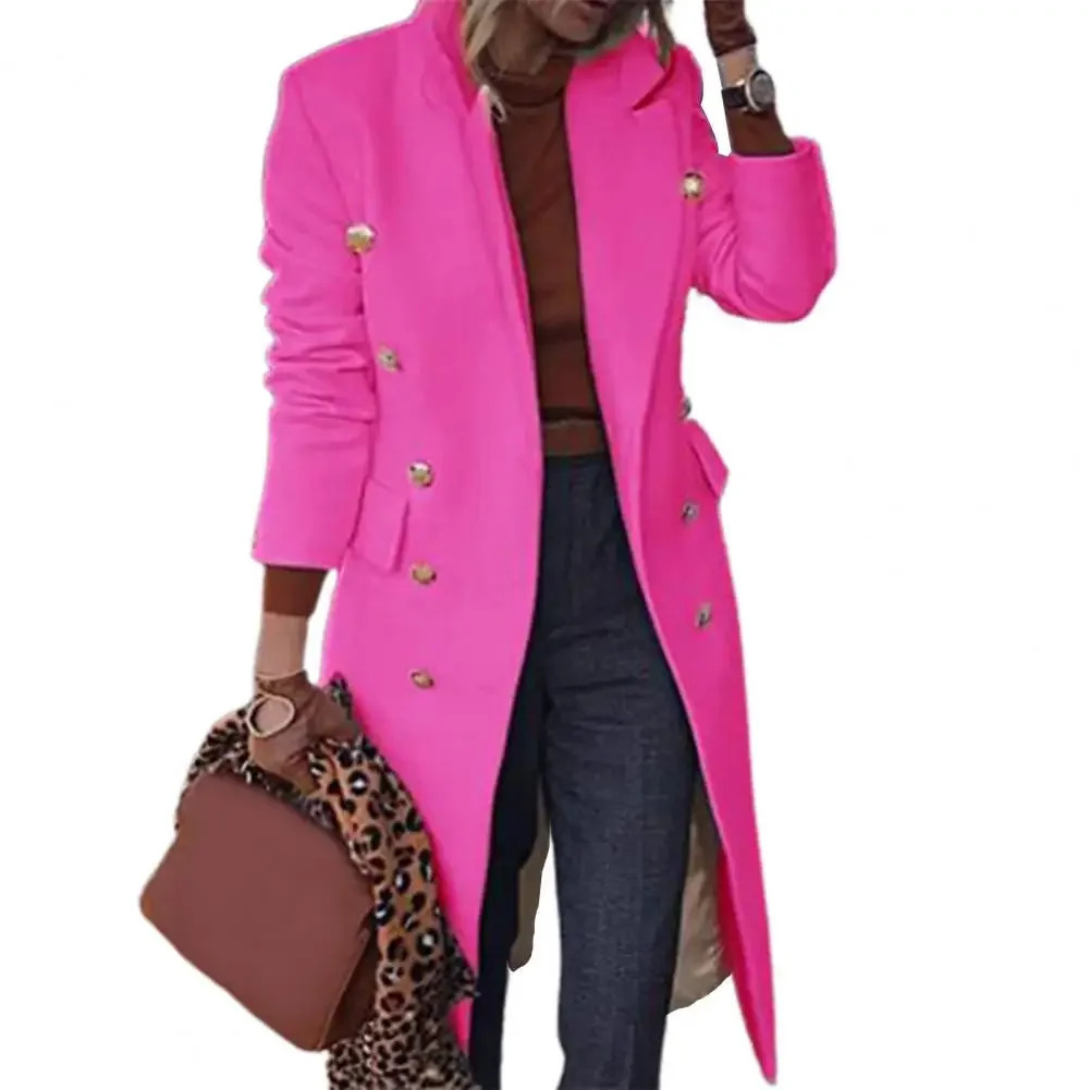 Solid color womens wool coat long button lapel coat fashionable ultra-thin double chest casual womens coat autumn and winter 241007