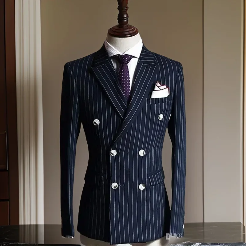 Stripe Formal Men Suits for Business 2024 Double Breasted Peak Lapel Groom Wedding Tuxedo 2 Pcs Navy Blue Fashion (Jacket+Pants)
