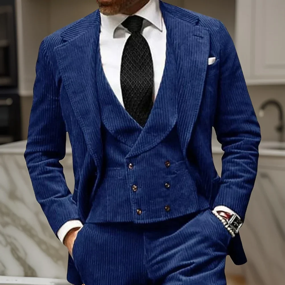 Corduroy Men's Suits 3 Pcs Fashion Sets Groomsmen Tuxedos For Wedding Groom Suit Jacket (Jacket + Vest + Pants)