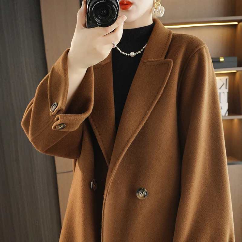 Autumn Wnd Winter Solid Color DoubleSided Wool Coat Womens HighEnd Sense Long Lapel Loose Temperament Woolen 240930
