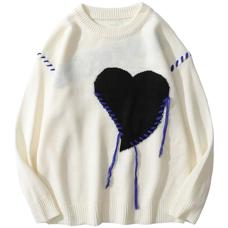 Harajuku Love Pattern Knitted Ugly Sweater Mens Alphabet Punk Rock Black Gothic Retro Grandpa Sweater Womens Cute Zipper 241007