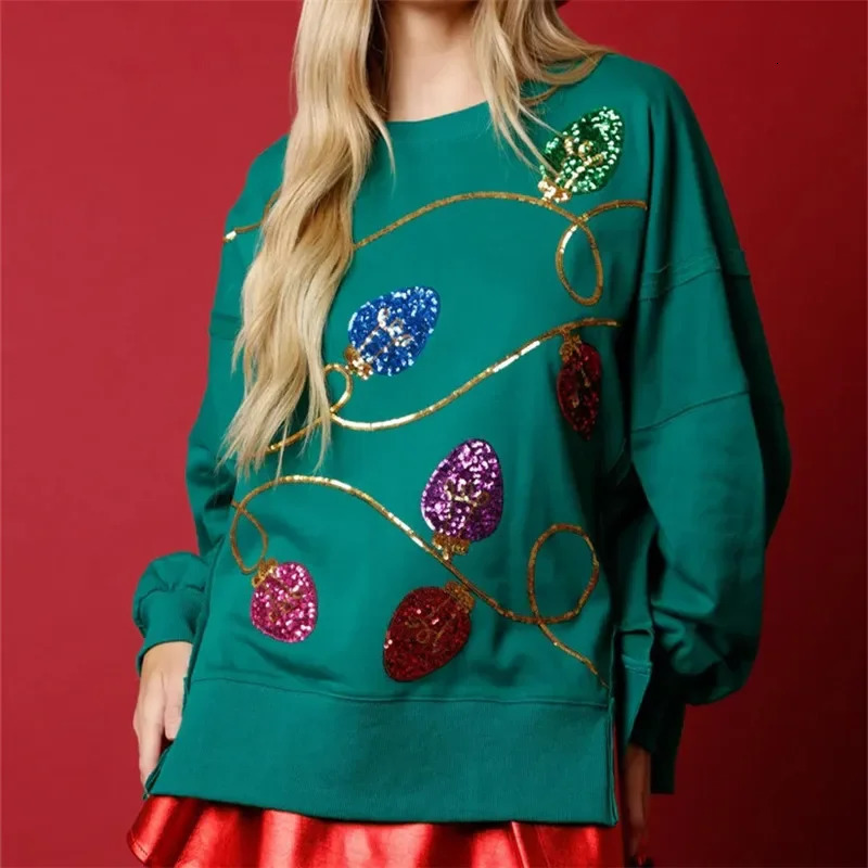 Imcute Women Sequin Christmas Light Sweater Oversized Long Sleeve Sweatshirt Side Slit Sparkly Glitter Shirts Jumper Tops 241011