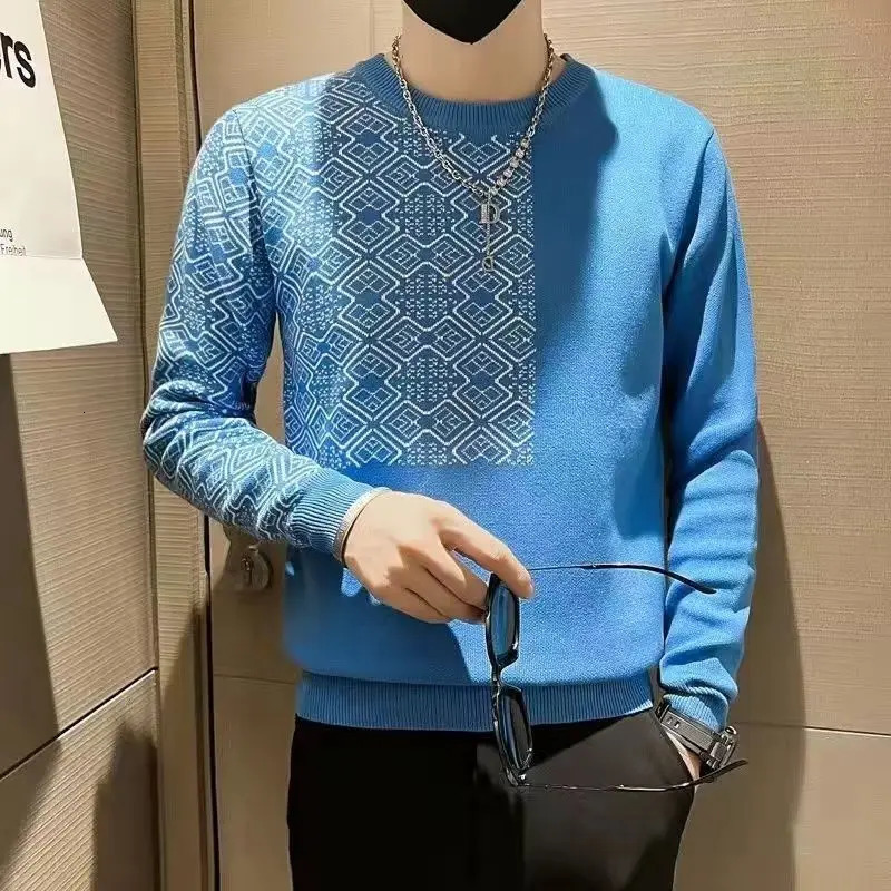 Mens round neck floral lantern long sleeved contrasting color letter sweater knitted casual autumn retro top 241007