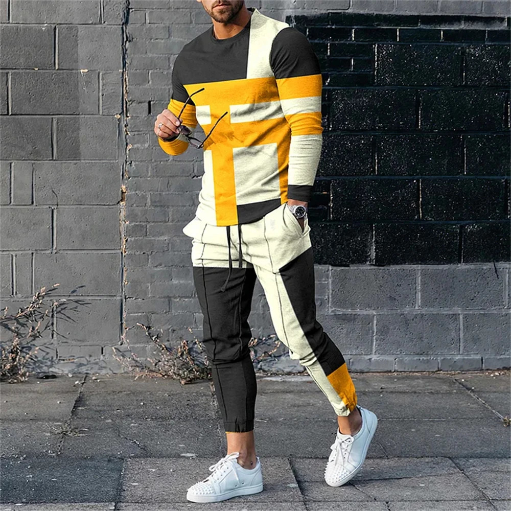 Mens high-quality sleeved mens fashionable summer printed T-shirt long pants 2PCS set clothing sportswear 240930