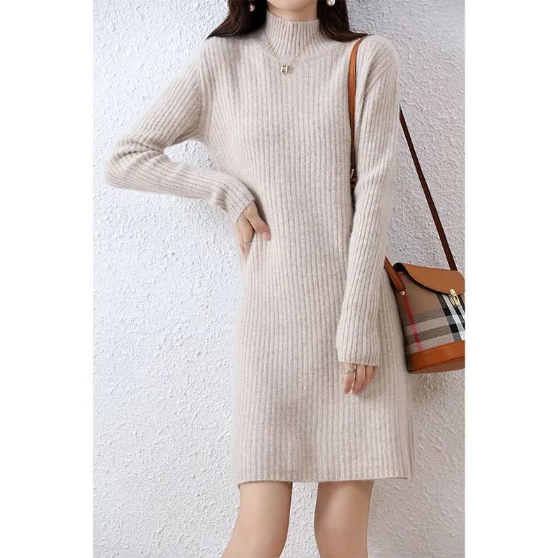 Fashion cashmere sweater womens knitted dress 100% Merino wool turtle neck elegant dress autumn and winter long sleeved short sleeved 241011
