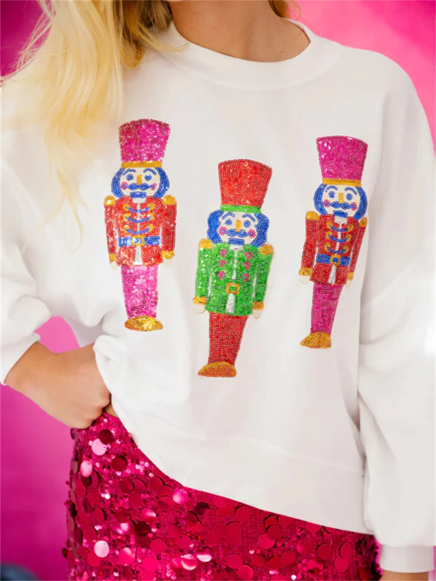 2024 Christmas Nutcracker Sequins Sweatshirt Round Neck Long Sleeve Crop Tops Loose Hoodies Streetwear Year 241011