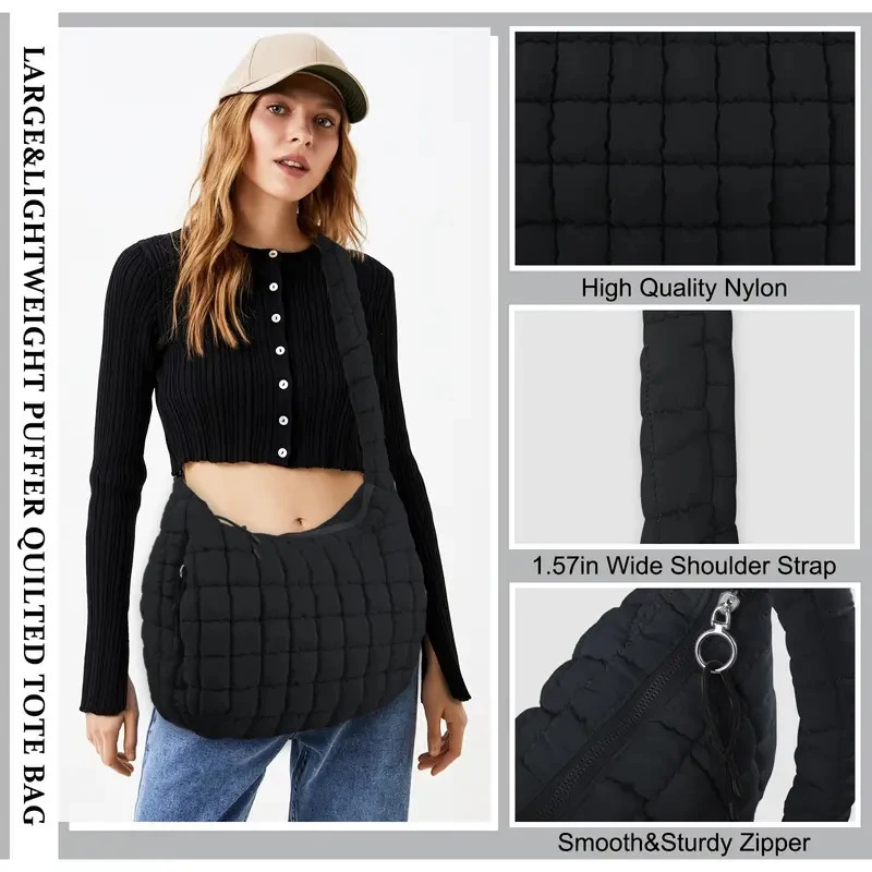 Puffer Tote Bag for Women Soft Puffy Crossbody Large Quilted Carryall Hobo Handbags Puff Purse 241011