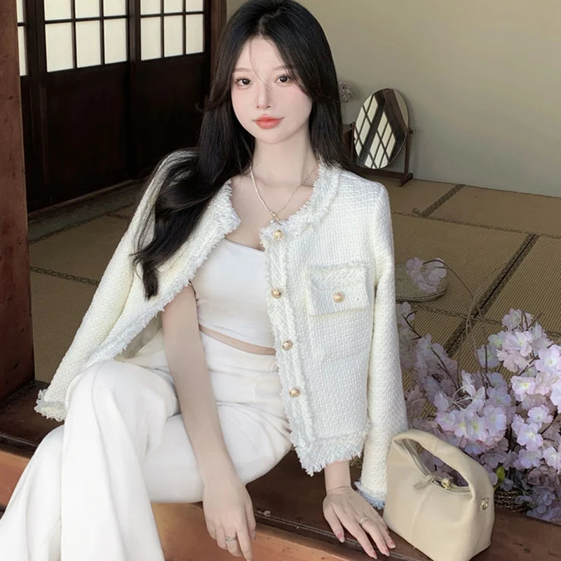 Rimboy fashionable and elegant white tweed jacket for women aesthetic long sleeved jacket for women round neck cut jacket for women 240930