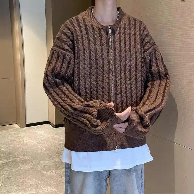 Mens Open Collar Loose Knitted Jacket Warm Korean Fashion Harajuku Sweater Mens Retro Long Sleeve Color Blocked Jacket 241011