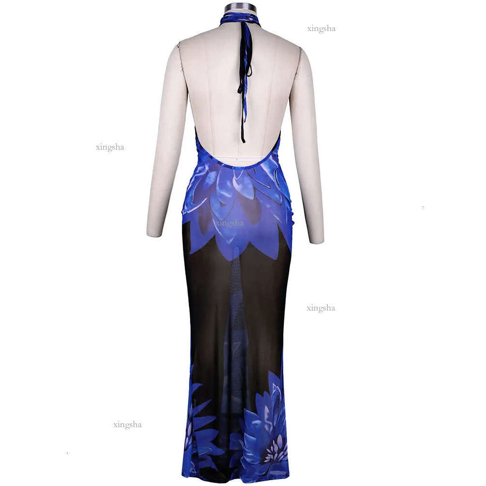 Basic Casual Dresses Summer Backless Maxi Dress for Women Sexy Mesh Printed See Through Slim Beach Dress Blue Long Club Party Vacation Outfits 230531