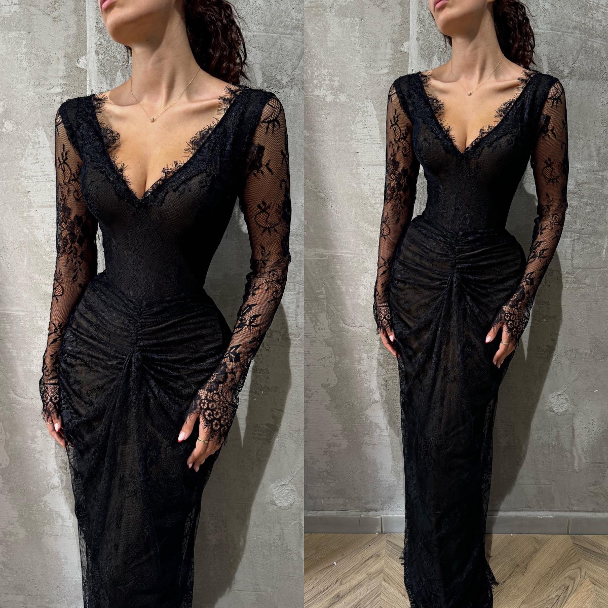 Sexy Black Lace Prom Dress V Neck Illusion Long Sleeves Evening Elegant Pleats Waist Dresses For Special Ocns Party Gowns 6660311